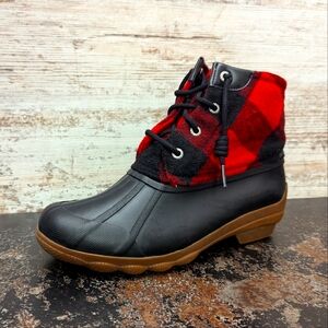 Womens Sperry Duck Boots Sz 6 Used Red Flannel Plaid STS85076 Waterproof